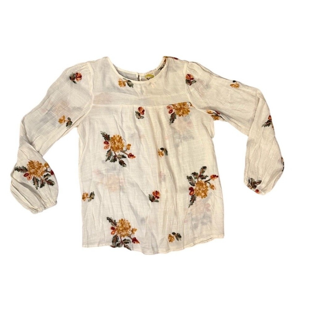 Anthropologie Fig and Flower 3/4 Sleeve Floral Embroidered Top Sz M Boho Popover